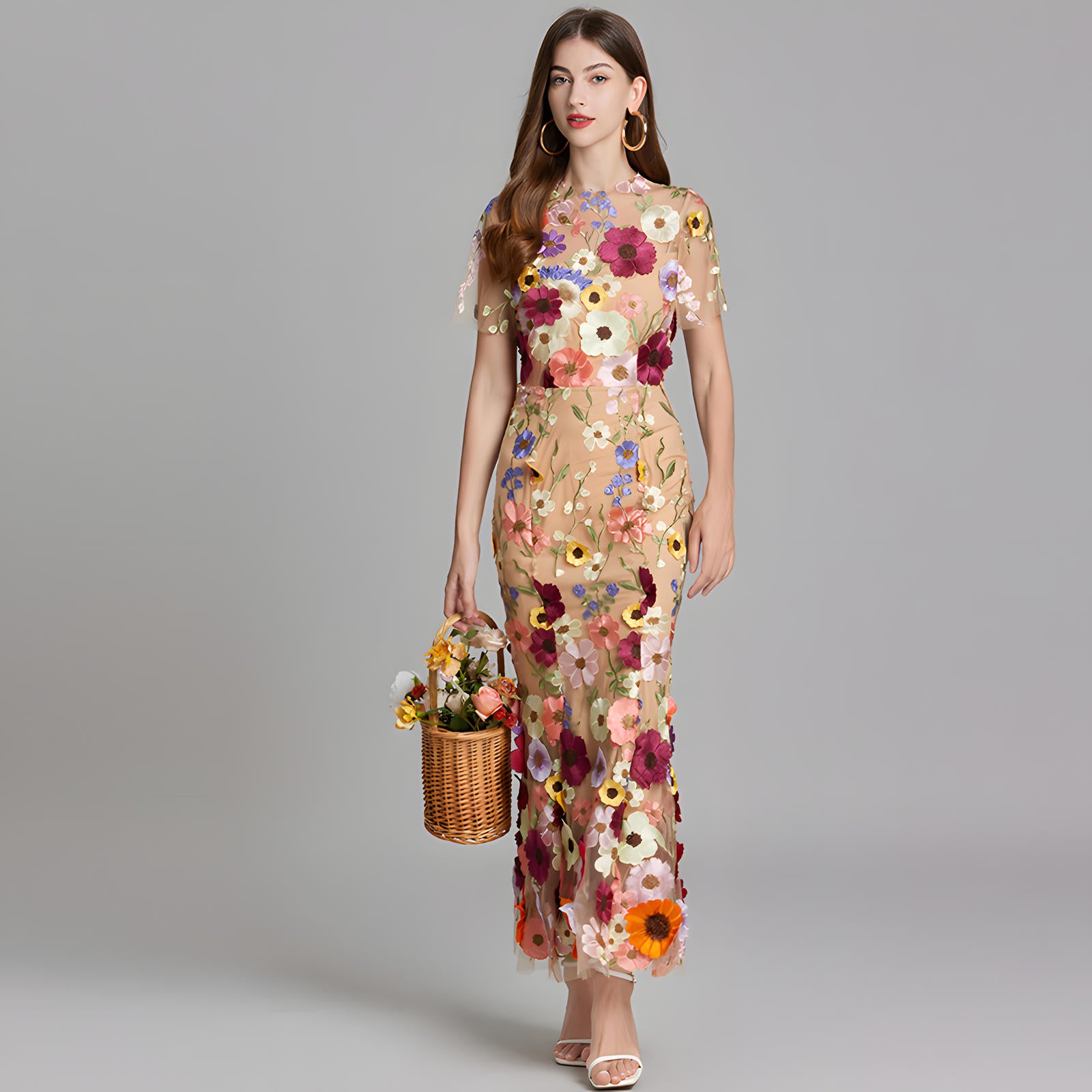 Intricate Floral Embroidery Mesh Fishtail Apricot Dress - 810908122798_APR